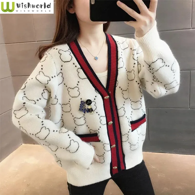 

Spring and Autumn New Style Small Fragrance V-Neck Loose and Slim Versatile Knitted Coat Casual Cardigan Sweater Fashion