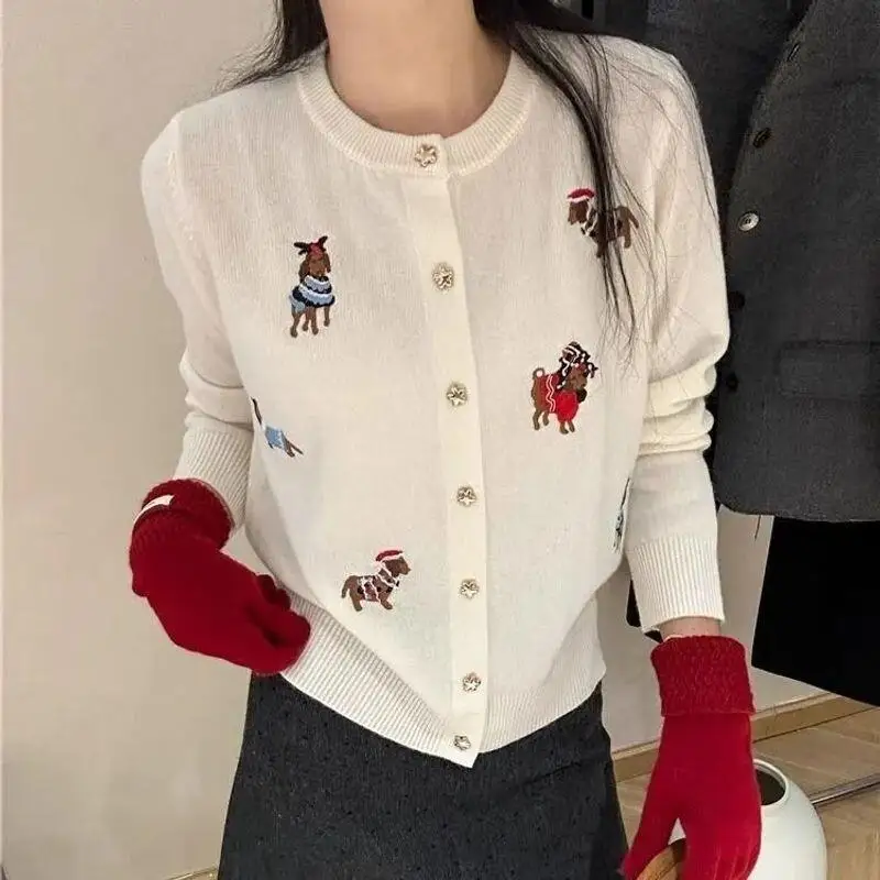 Embroidery Knitted Cardigan New Fashion Round Neck Cartoon Sweater Coat Single Breasted Top for Women Spring Autumn Casual