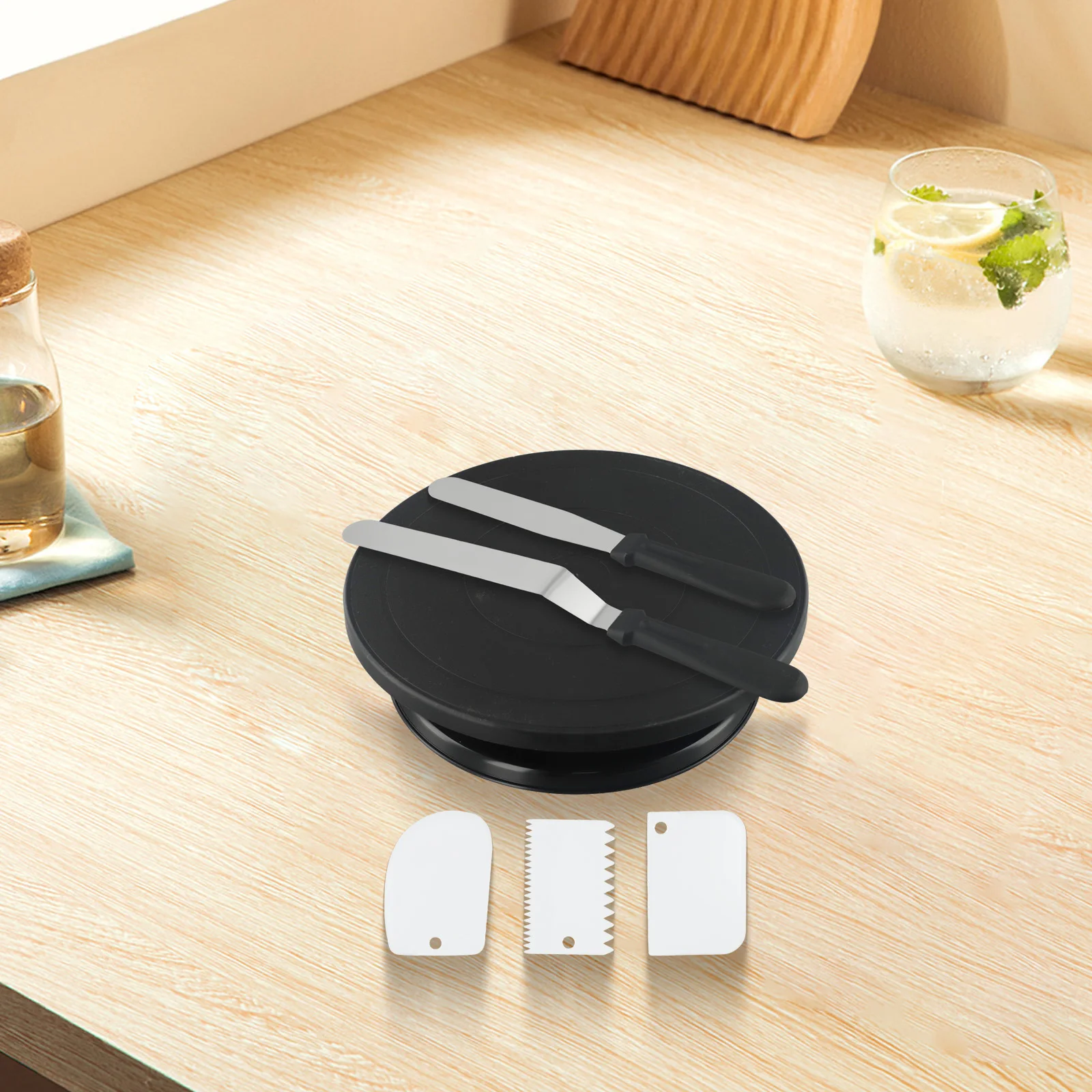 

6 шт. поворотный стол для торта с 2 глазурью, прямой угловой шпатель, 3 глазури, более гладкий скребок, набор для декора торта, аксессуары для выпечки, инструмент