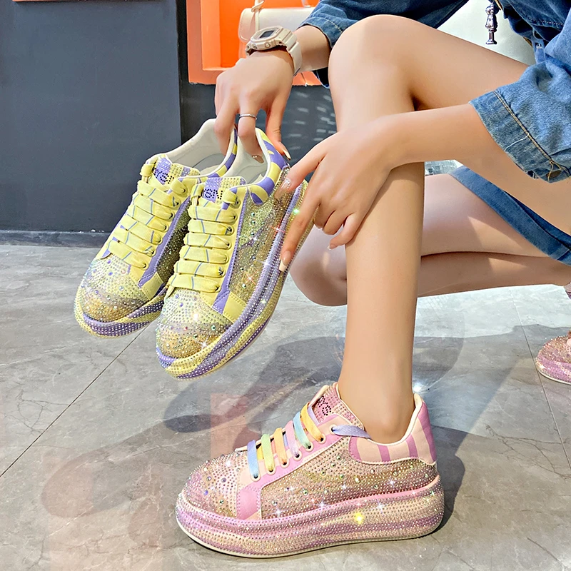 New 2024 Autumn Women Street Style Platform Shoes Rhinestones Thick-soled Shoes Shining Crystal Sneakers Trend Casual Sneakers