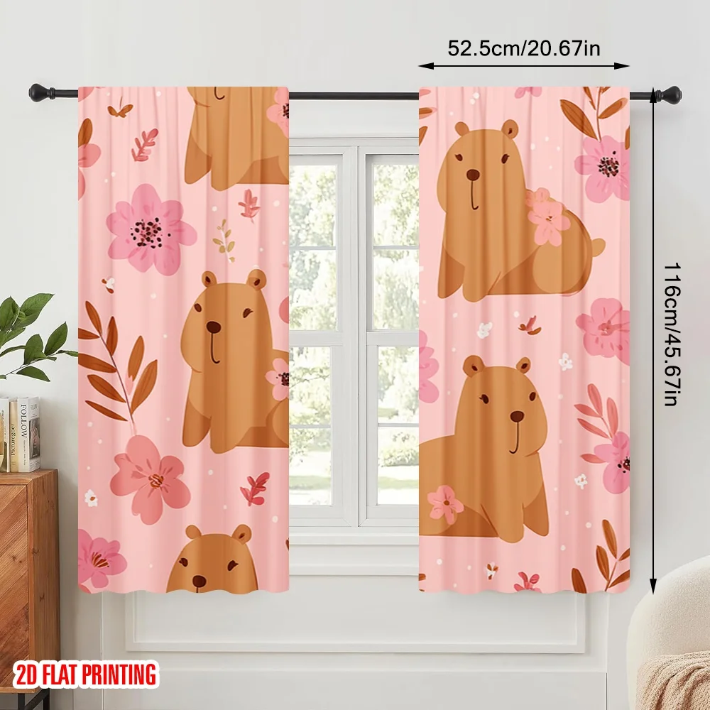 2pcs,2D plane printing Curtains Digital Printed Capybara Floral Bliss Versatile 100% Polyester (without rod) Art Deco Festive