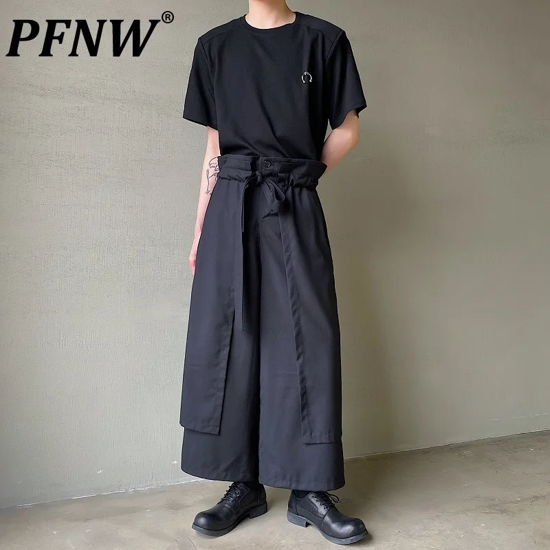 

PFNW Men's New High-grade Double-layer Design Skirt Pants Personalized Belt Adjustment Fashion Loose Darkwear Wide Leg 12Z4318