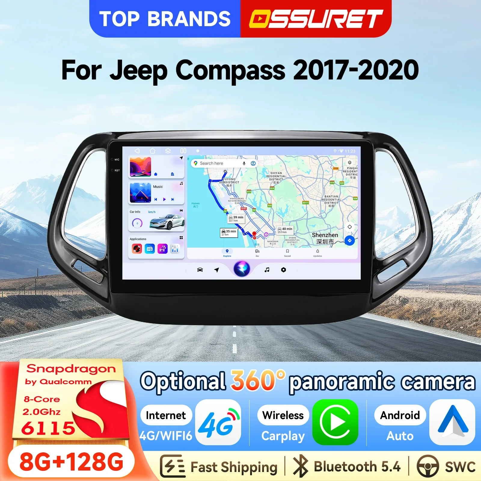 OSSURET – szybka dostawa, 10,1-calowy 2-DIN system Android 15 do samochodu, przeznaczony dla Jeep Compass (roczniki 2017–2020), bezprzewodowy CarPlay, Android Auto, nawigacja GPS, radio samochodowe,