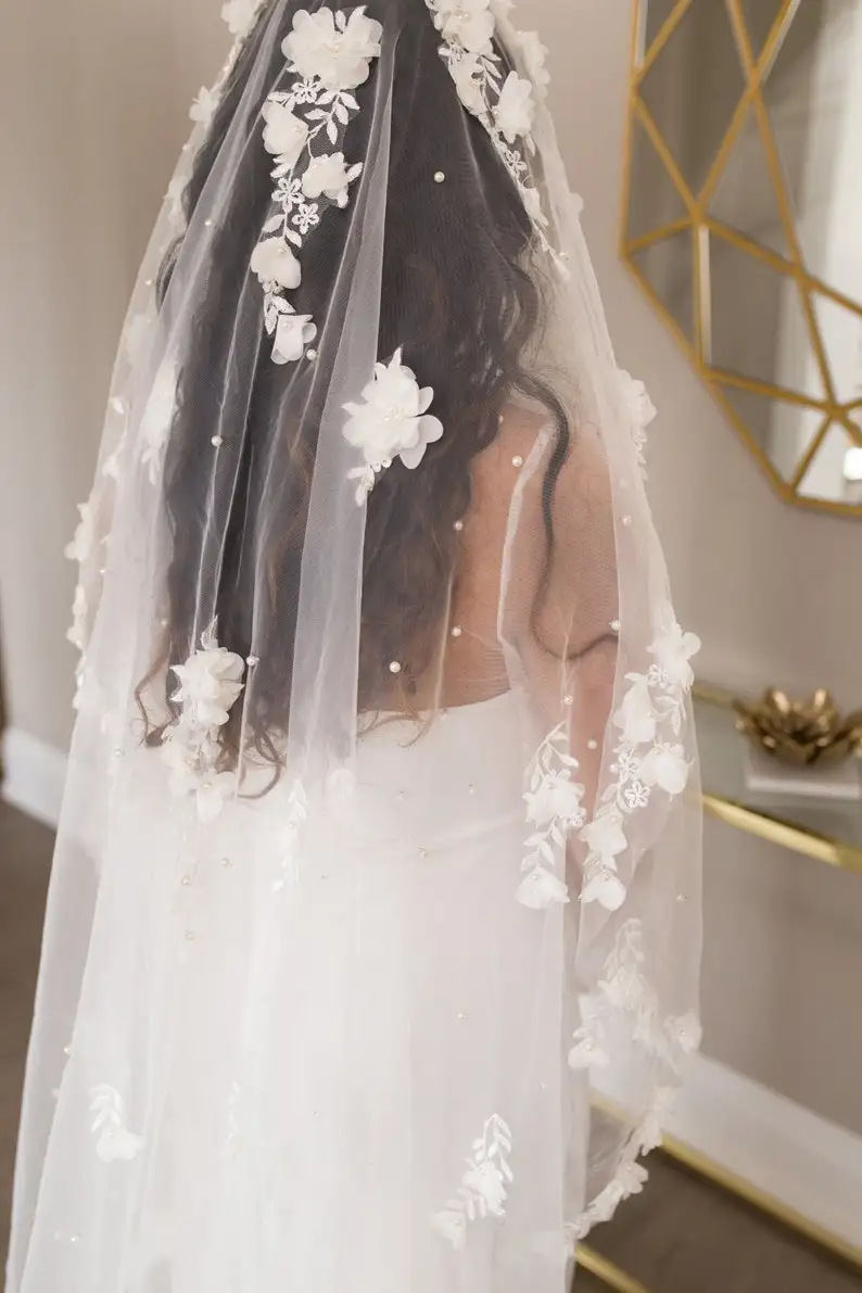 

NZUK Long Cathedral Wedding Veil 300cm Width Bridal Veils with 3D Flowers Pearl EXTRA LONG ROYAL CATHEDRAL DROP VEIL