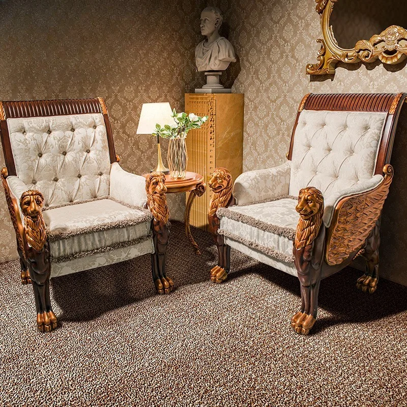 European solid wood carving lion chair single sofa study fabric leisure back  villa office book desk