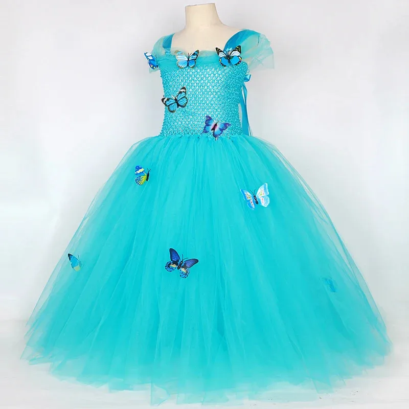 Sky03 Длинные платья принцессы Золушки для девочек, костюм на день рождения и Рождество, детский наряд для вечеринки на Хэллоуин с короной Butterfl55Hu%