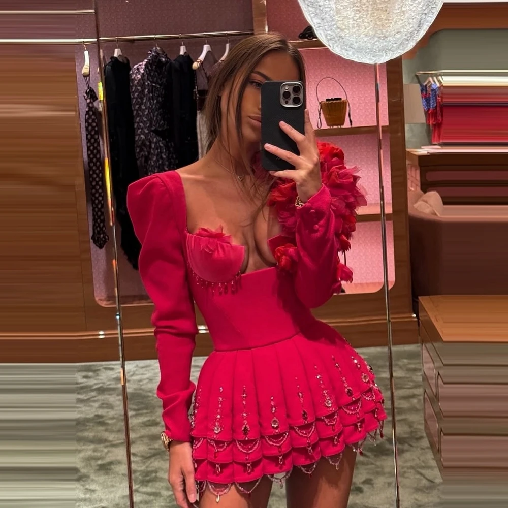 

Уникальное атласное мини-платье с бисером и пышными рукавами, блестящими кисточками и блестками, рюшами и кристаллами, коктейльное платье, сетчатое платье для выпускного вечера с цветочным принтом