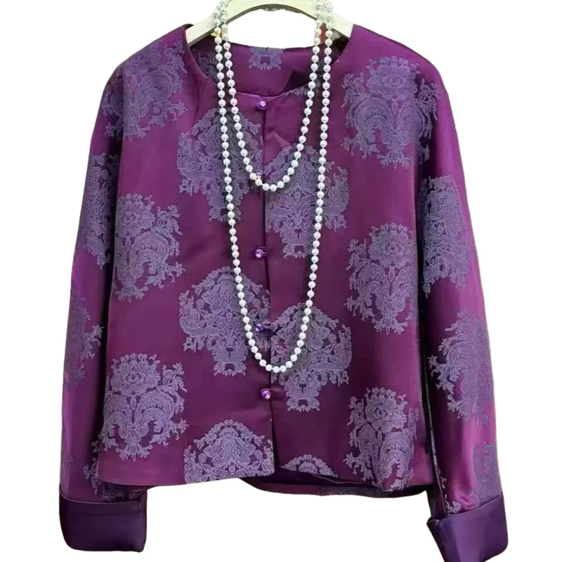 Women New Chinese Style Cardigan Autumn Jacquard Qipao Tops Round Neck Long Sleeve Cheongsam Button Vintage Short Jacket ﻿