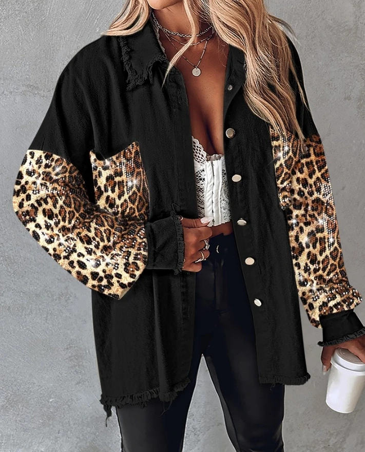 

Autumn Women's Casual Contrast Leopard Sequin Patchwork Long Sleeve Jacket Top Button Front Raw Hem Shacket Women Fashion Coat