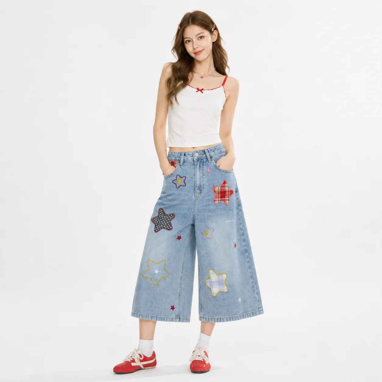 EOENKKY Women Star Patchwork Cropped Wide Leg Jeans Washed Denim Baggy Culotte Pants Y2K Streetwear Blue S-XL