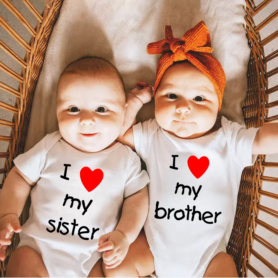 I Love My Sister Brother Twins Baby Short Sleeve Bodysuit Newborn Baby Boys Girls Infant Summer Romper Clothes Jumpsuit Gifts