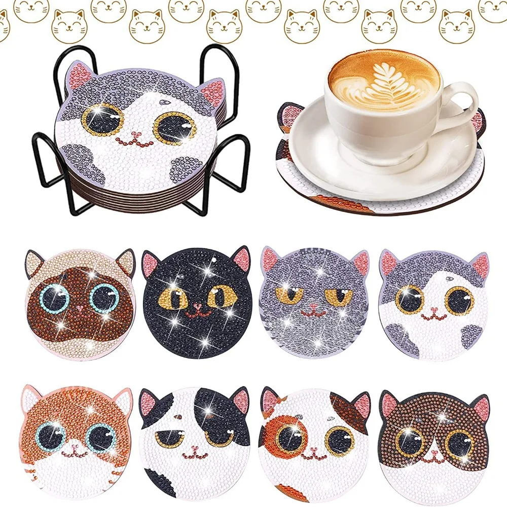 

Anti Slip DIY Diamond Painting Coasters Cartoon Cute Diamond Art Coasters Material Pack Colorful Creative DIY Cat Tablemat
