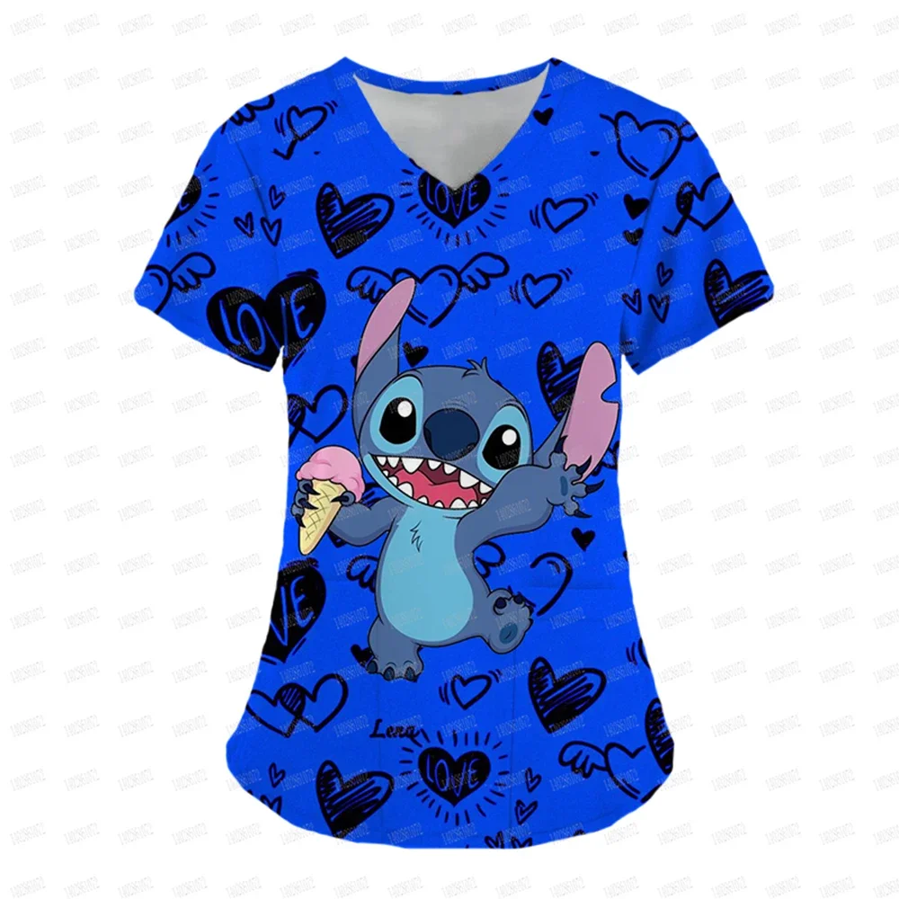 ナース制服トップス V ネック Tシャツディズニーステッチ病院女性服ポケットトップ女性 2025 夏の Tシャツシャツ Tシャツ Tシャツ