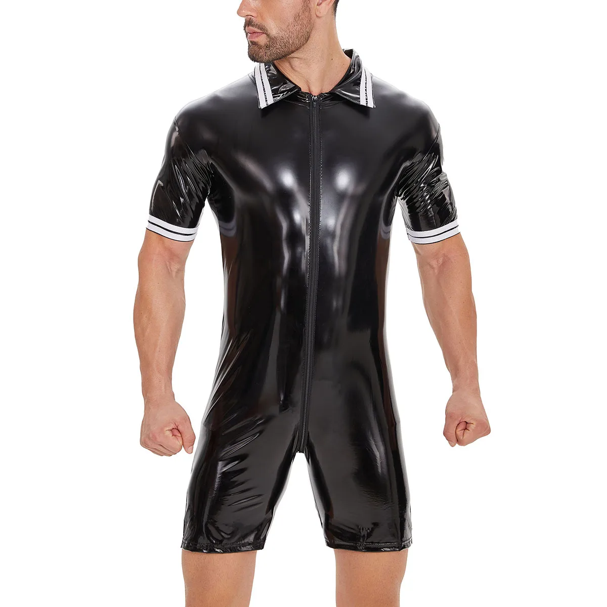 S-7XL Men\'s Short Sleeve Shiny Faux PU Leather Catsuit Sexy Zipper Open Crotch Bodysuit PVC Tights Hot Shapers Leotard Plus Size