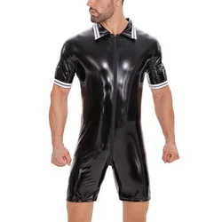 S-7XL Men's Short Sleeve Shiny Faux PU Leather Catsuit Sexy Zipper Open Crotch Bodysuit PVC Tights Hot Shapers Leotard Plus Size