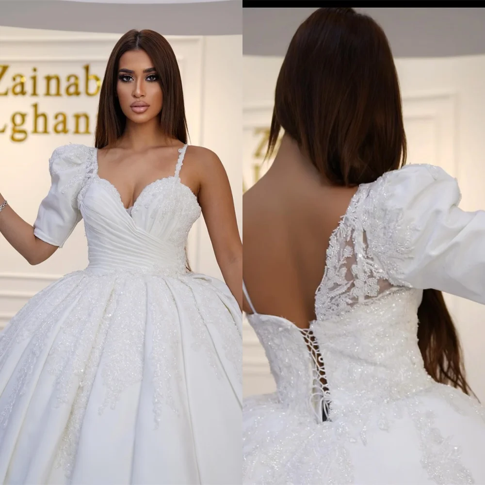 

Customized High Quality White Satin Wedding Dress Sexy Strapless Spaghetti Straps Sleeveless Lace Up Back Sequined Bridal Gowns
