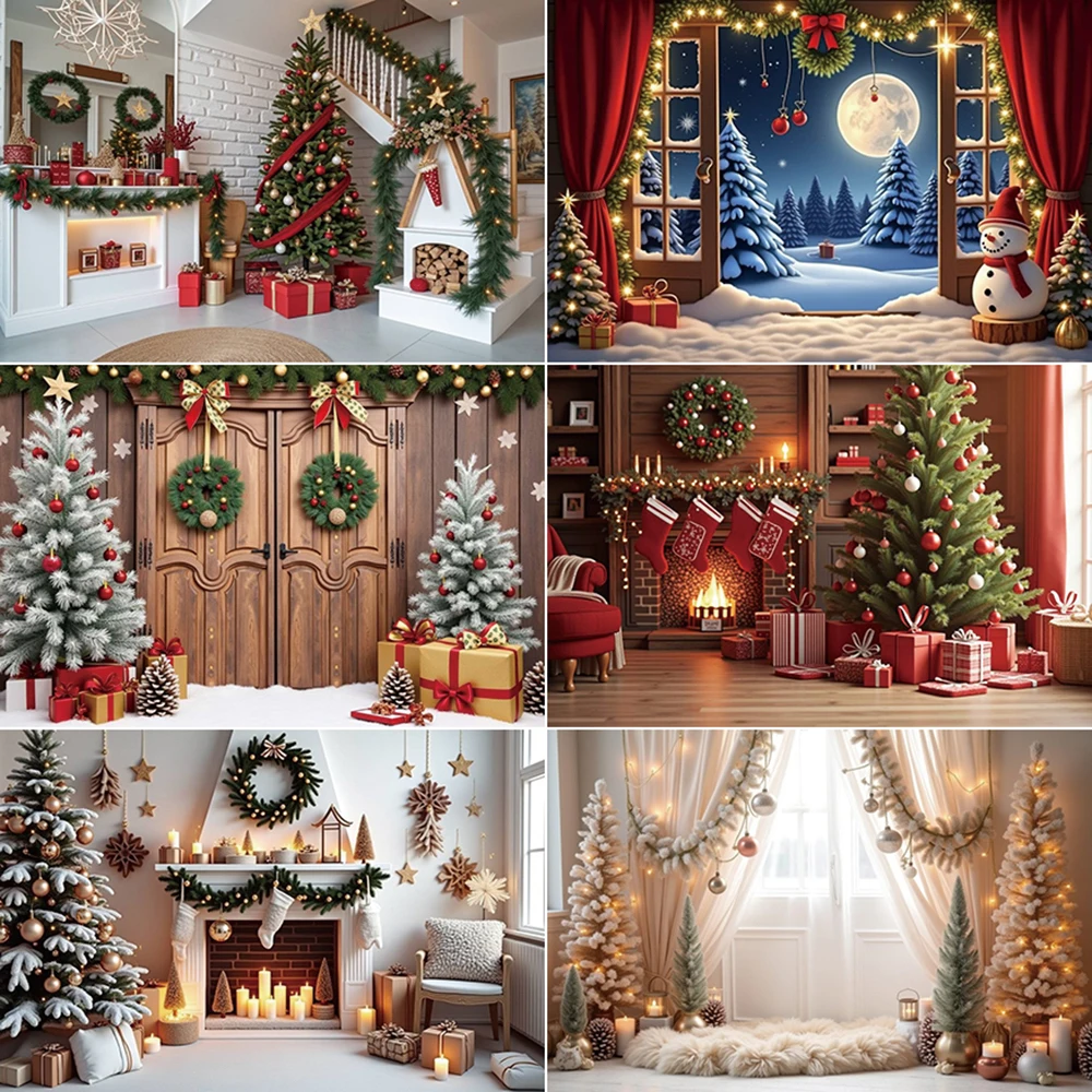 

MOON.QG Snow Christmas Large Pine Tree Curtains Background Arch Door Window Balls Wreath Backdrop Child Photography Accessories