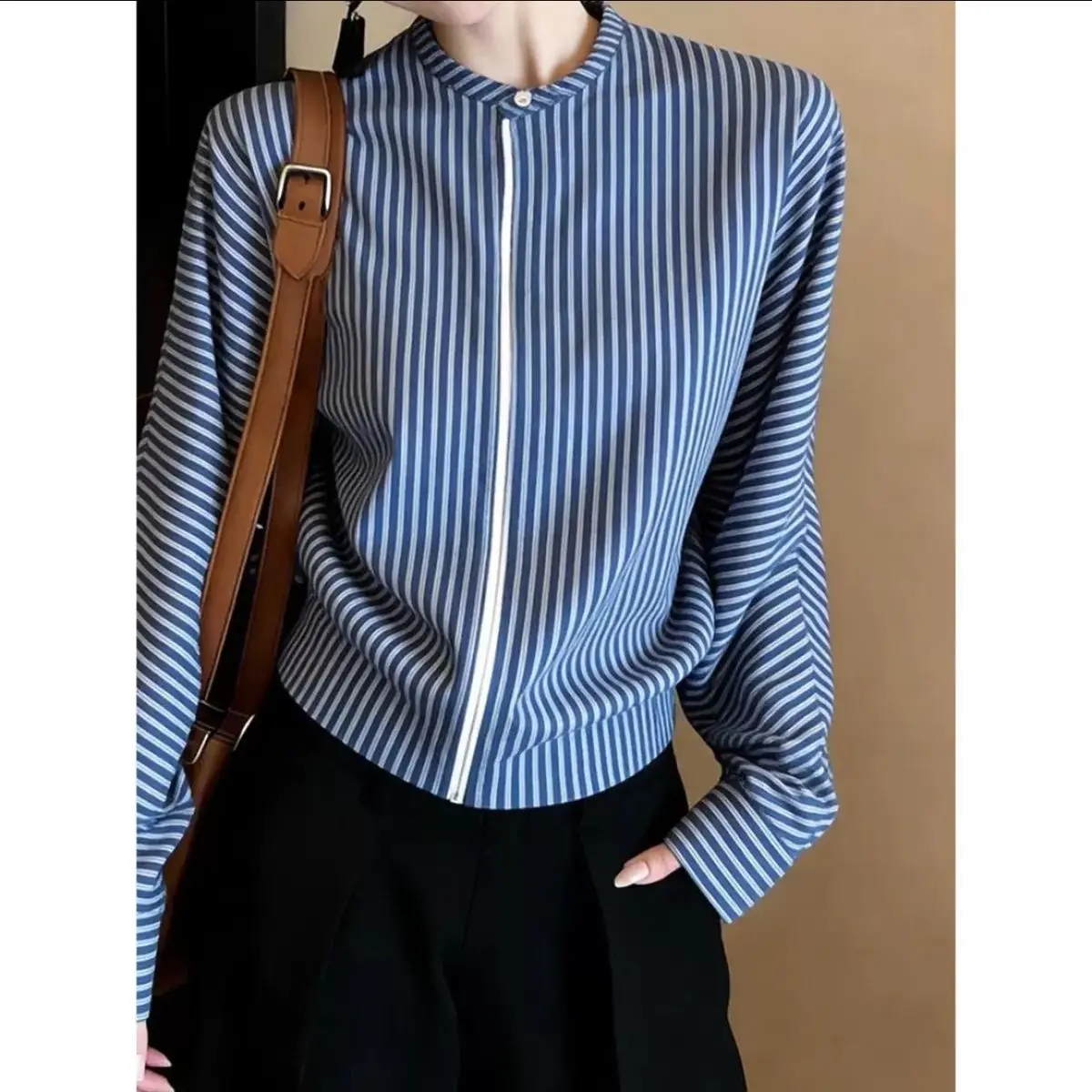 Kimotimo Women Blue Striped Stand Collar Zip Cropped Shirt Korean Style Long Sleeve Office Blouse Slim 2026 Spring Casual Top