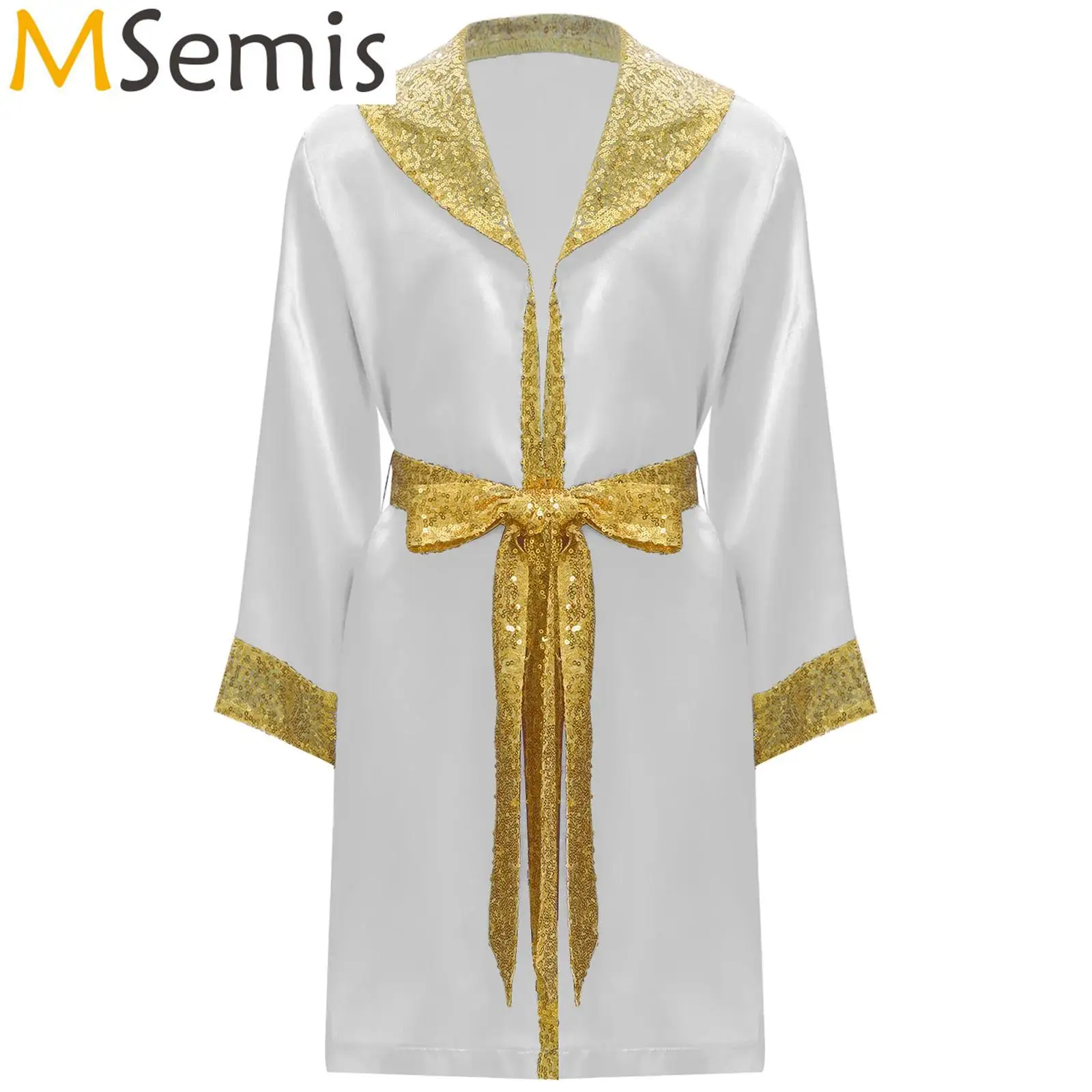 

Kids Boys Sequins Trim Satin Muay Thai Boxer Robe Open Front with Sequined Belt Boxing Match Thai Kickboxing Performance Costume