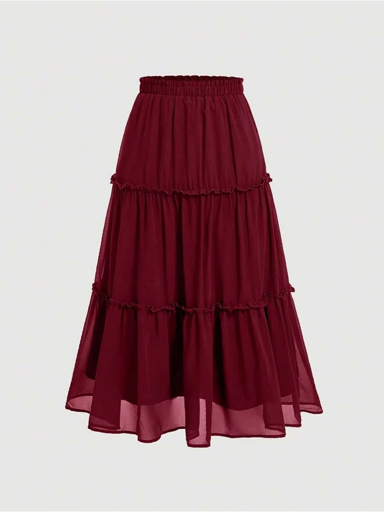 Saia midi feminina elegante em camadas de chiffon, saia longa com cintura elástica, leve e elegante, adequada para datas diárias