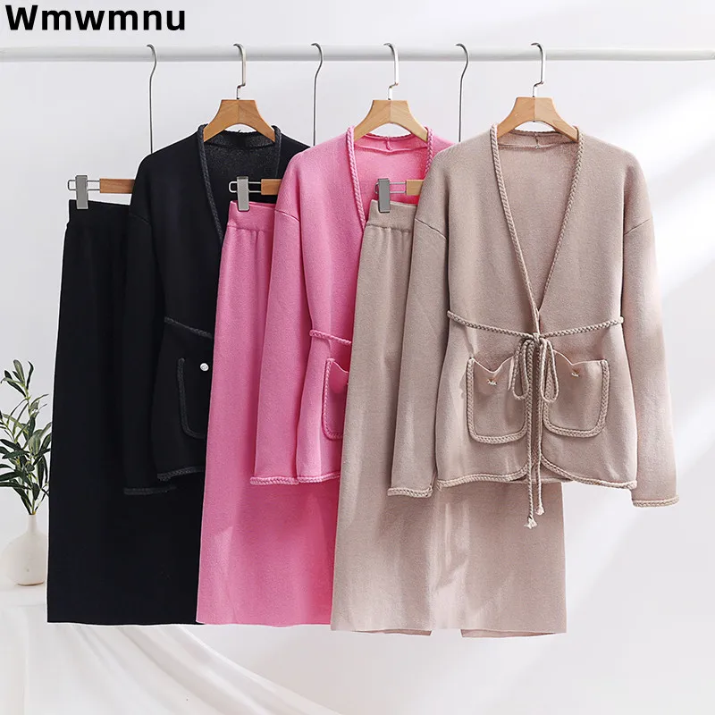 Elegant Casual Women Knitted Ensemble V-neck Sweater Cardigan Coats Tops Two Piece Sets Korea Classic High Waist Skirts Conjunto