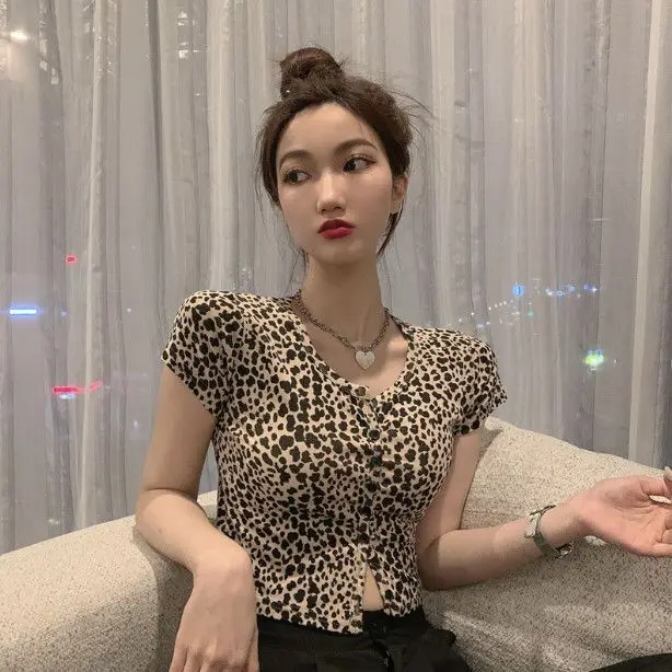 Women's New High Waist Navel-exposed Design Leopard Print Short-sleeved T-shirt Half-sleeved Top