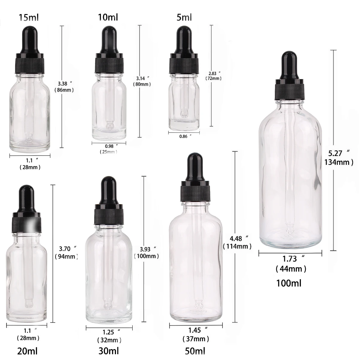 6/12/24pcs 5ml 10ml 15ml 20ml 30ml 50ml 100ml Transparents Glass Dropper Bottle for Cosmetic Essential Oil with Glass Pipette