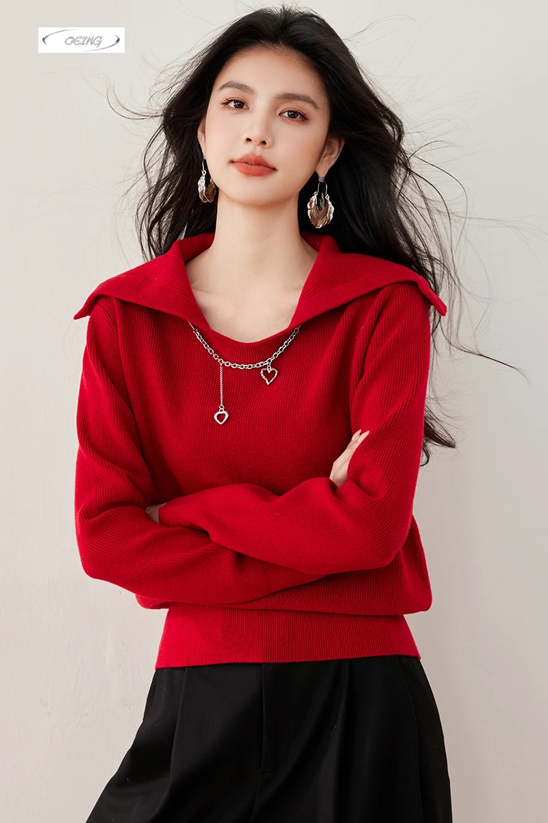 

Autumn Winter Sailor Collar Long Sleeve Red Sweater for Women Knitted Pullover Tops Korean Style Elegant Loose Knitwear 3651
