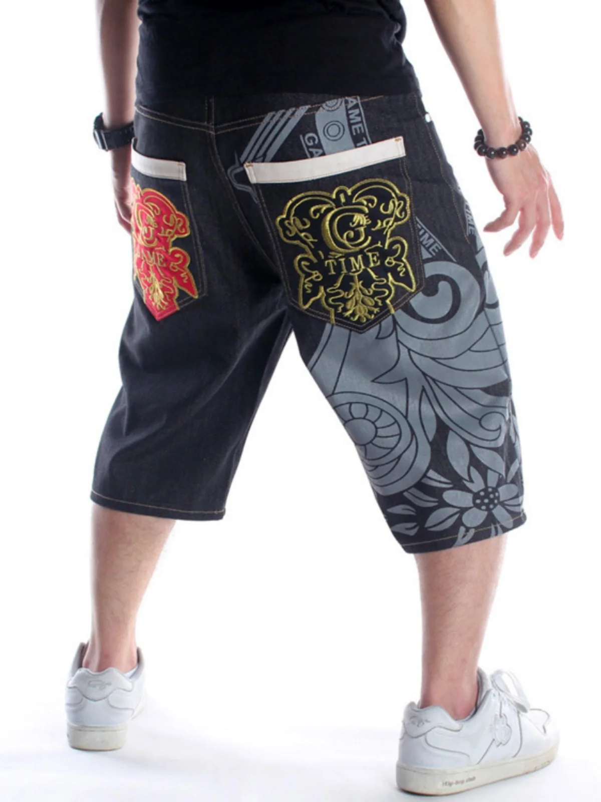 

Loose Fit Summer Men's Jeans orts Embroidered Hip Hop fiti Print Seven Inch Pants Youth Wear Straight Leg Trousers