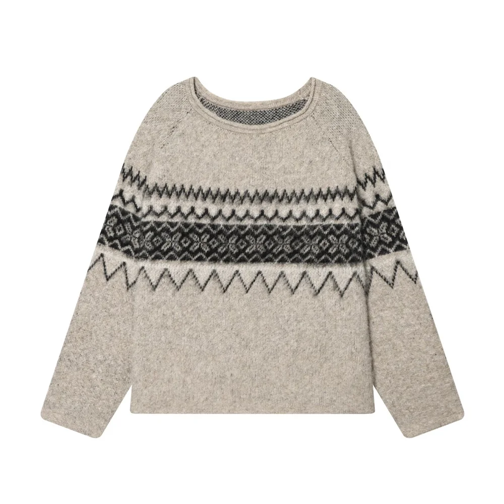 

Autumn and winter new women's clothing retro loose round neck long sleeved wiping effect jacquard knitted shirt top