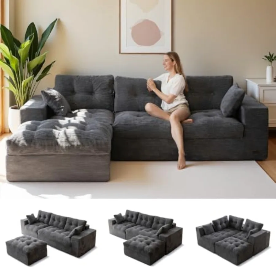 Boneless Couch, 96-Inch L-Shaped Cloud Couch with Ottoman