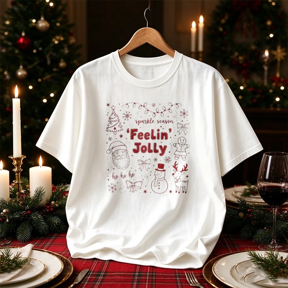 Feelin Jolly Sparkle Season Christmas Graphic T Shirt Santa Snowman Reindeer Gingerbread Tree Bow Sketch Print Casual Cotton Top