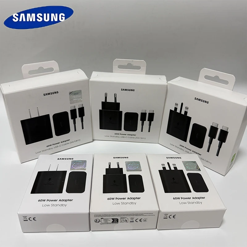 Carregador Original Samsung 60W Super Rápido com Adaptador EU/UK/US e Cabo Tipo C 1M 5A para S26 S25 FE S24 Ultra S23 A55 A56 e iPhone