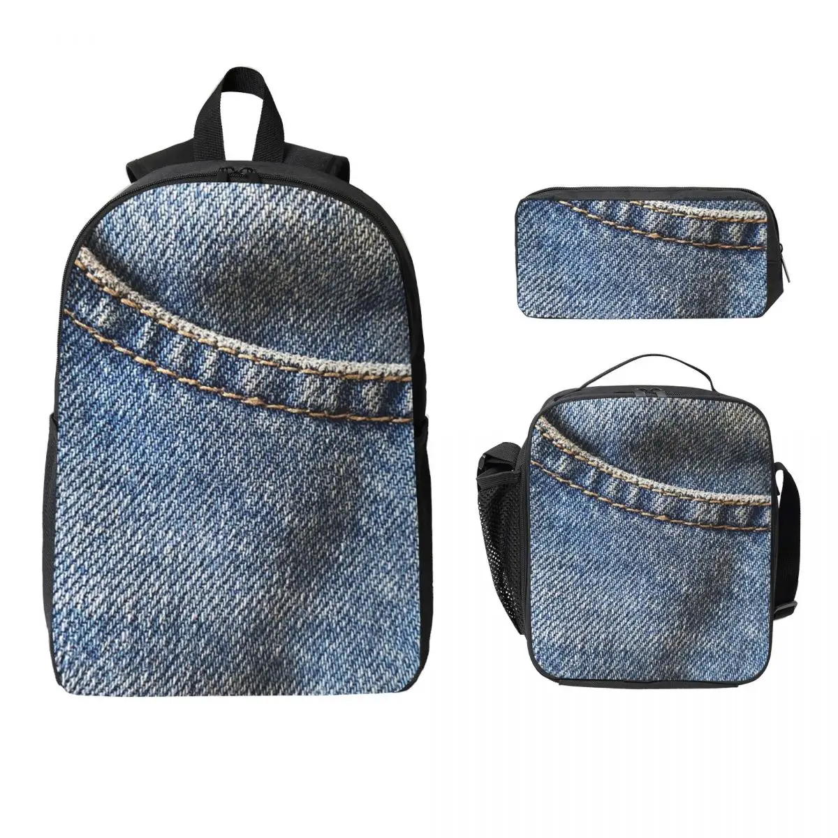 

Denim Backpack Student Boys Girls BookBag School Bag Computer Shoulder Bags 3ps Insulated Lunch Bag Pencil Case
