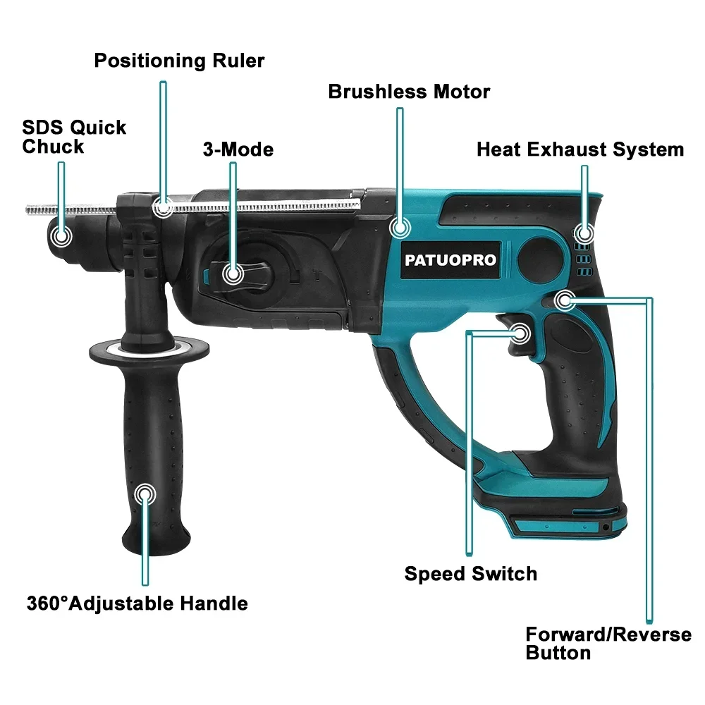 PATUOPRO 3-Functions Electric Rotary Hammer Brushless Impact Hammer Drill Multifunctional Home Power Tool For Makita 18V Battery