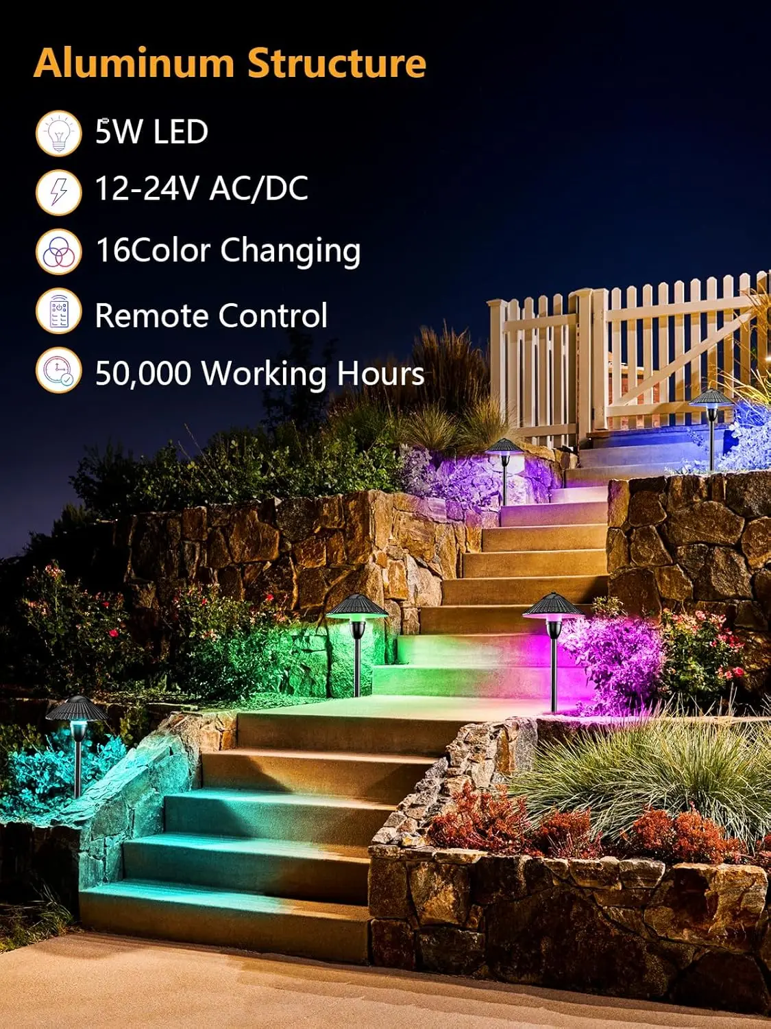 RGBW Low Voltage Landscape Lighting 5W Color Changing Pathway Lights 12-24V Multi-Color LED Path Lights Waterproof for Yard Gard