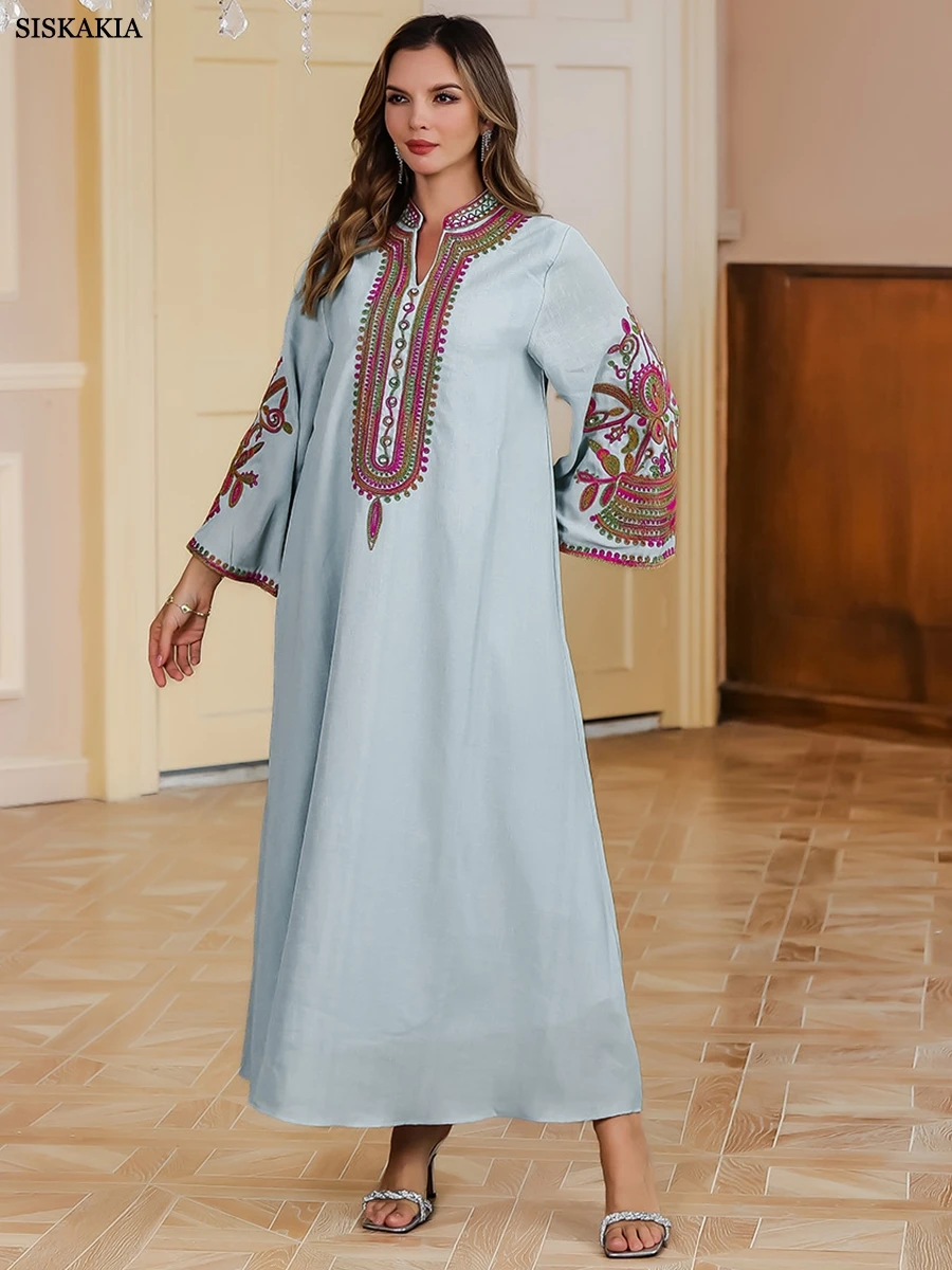 Siskakia Muslim Dubai Woman’s Abayas Embroideried Elegant Fashion Casual Loose Long Dress Moroccan Robe For Femme Musulmane 2024