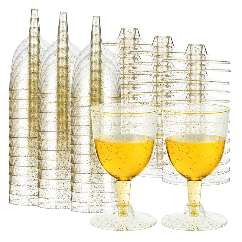 Copa de vino de plástico dorado transparente, copa de vino inastillable reciclable, tazas reutilizables desechables para champán
