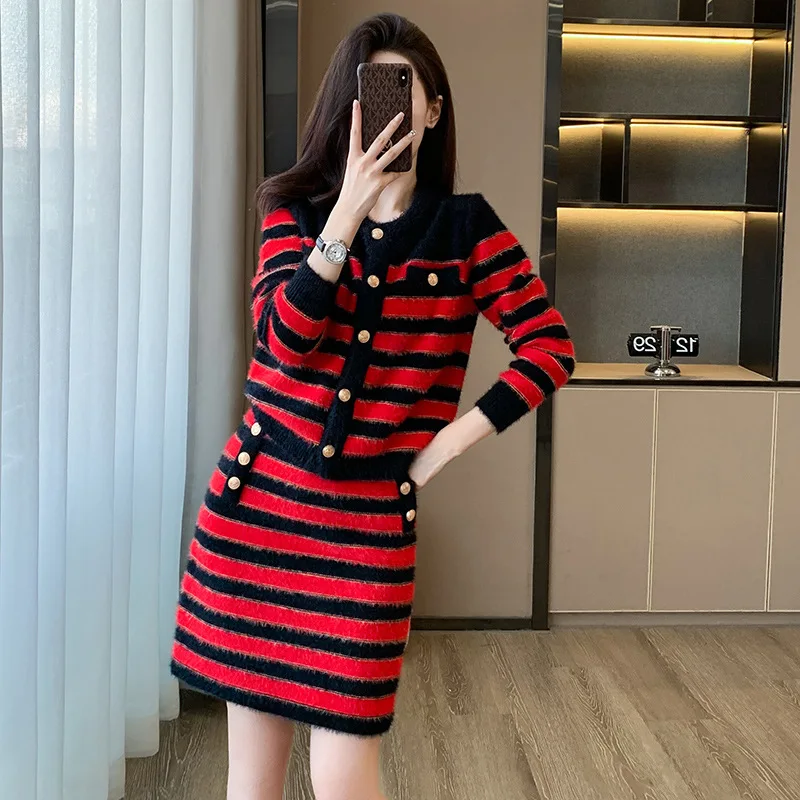 Women's small fragrant red and black striped knitted 2 pieces set, cardigan sweater jacket+high waisted A-line skirt casual set