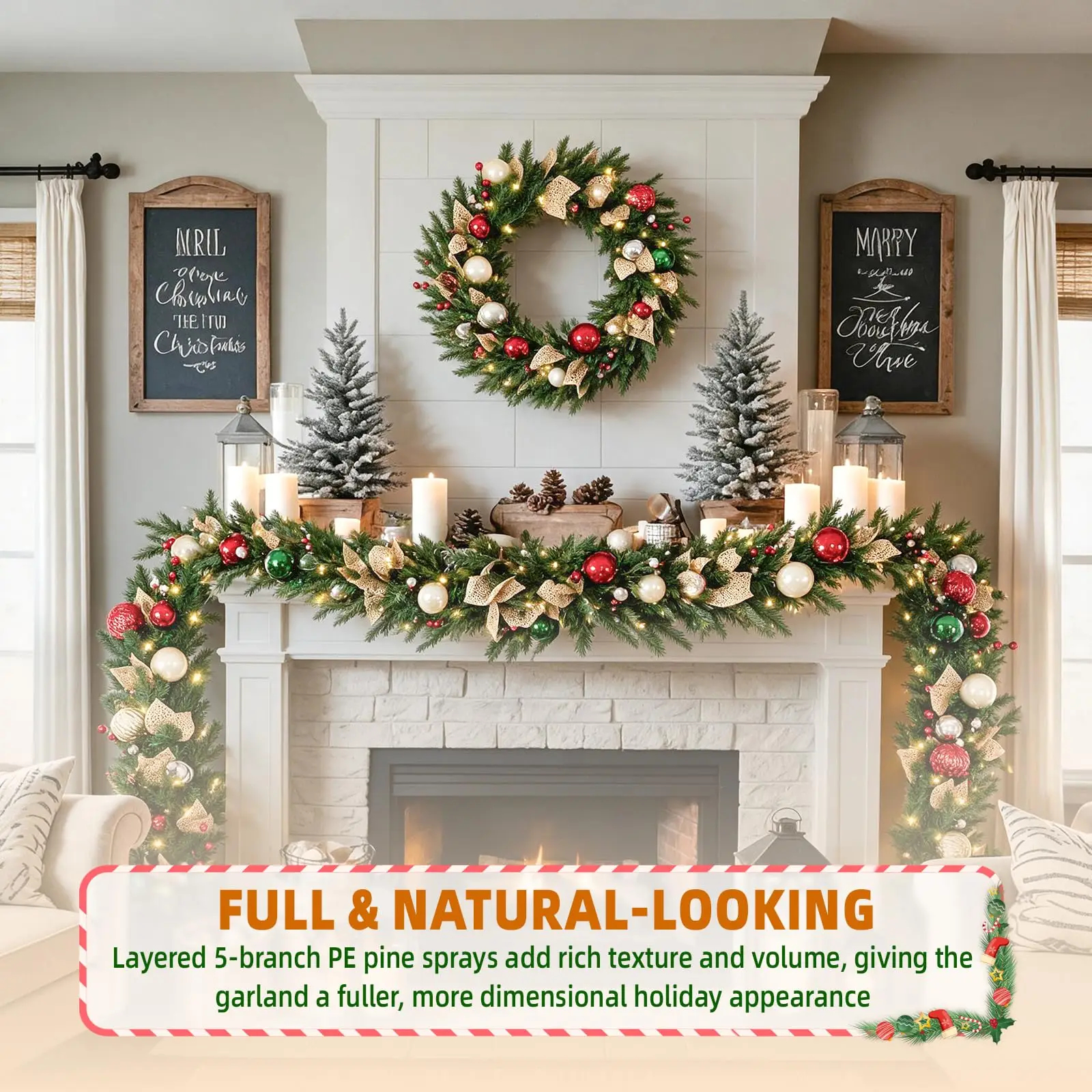 9 FT Pre-Lit Christmas Garland with 80 Warm White LEDs and Timer, Battery Operated Artificial Garland with Christmas