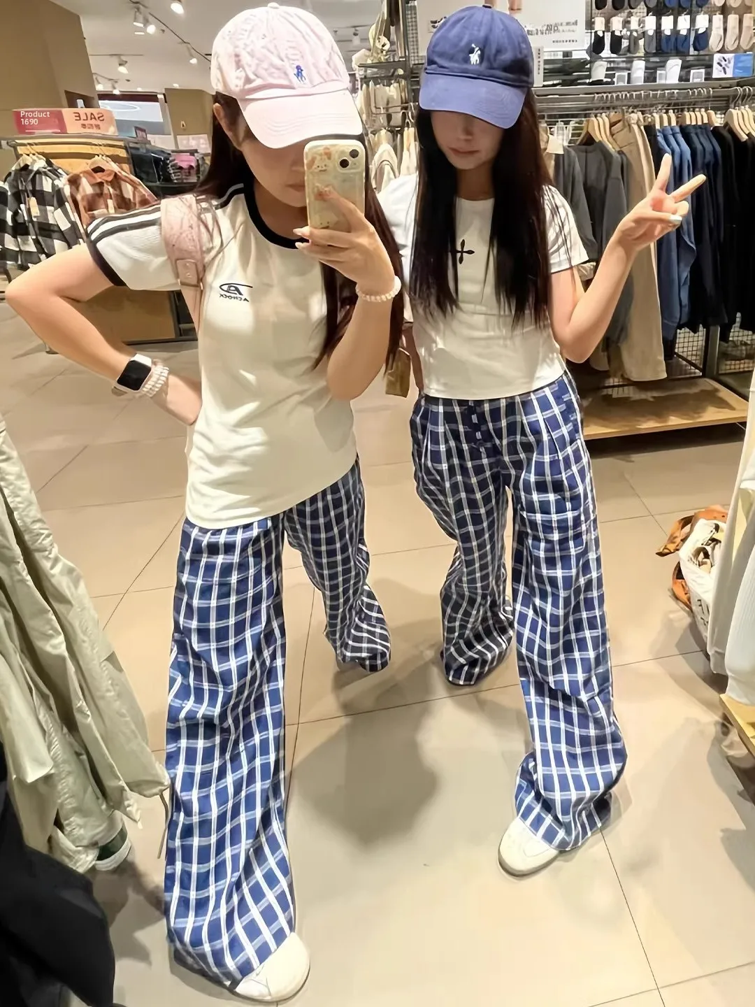 Blue Plaid Casual Pants Women's Summer Straight Loose Wide Leg Pants High Waist Elastic Waistband Pocket Asymmetrical Design