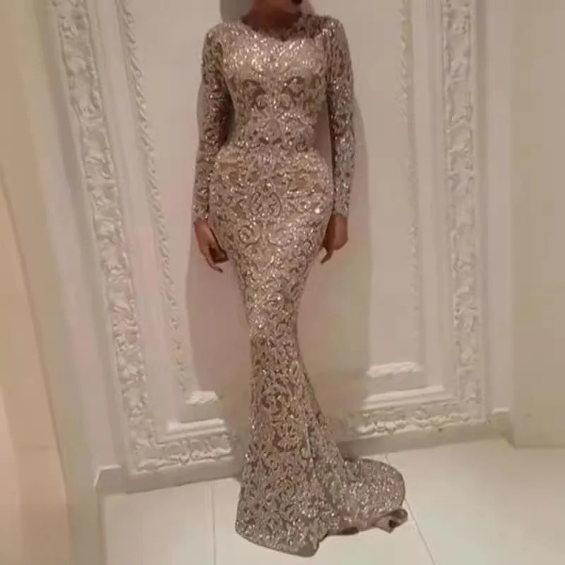 Elegant Long Sleeve Women's Dress Gold Embossed Slim Fit Evening Gown Spring 2027 New Arrival PU Fabric Ethnic Stage Costume
