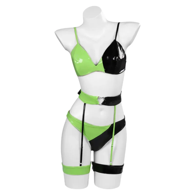 Female Shego Sexy Lingerie Cosplay Costume Green Black Bra Jumpsuit Outfits For Adult Women Girls Halloween Carnival Party Suit