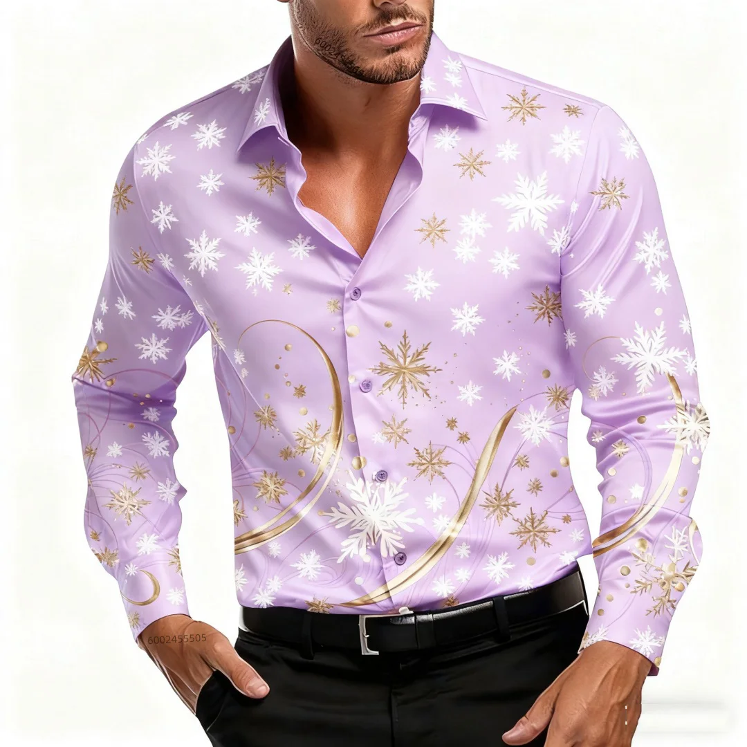 جديد عيد الميلاد الرجال مشهد عيد الميلاد قميص مطبوع-ندفة الثلج عارضة الأزياء جولة الرقبة زرر طويلة الأكمام حزب الخريف قميص #3