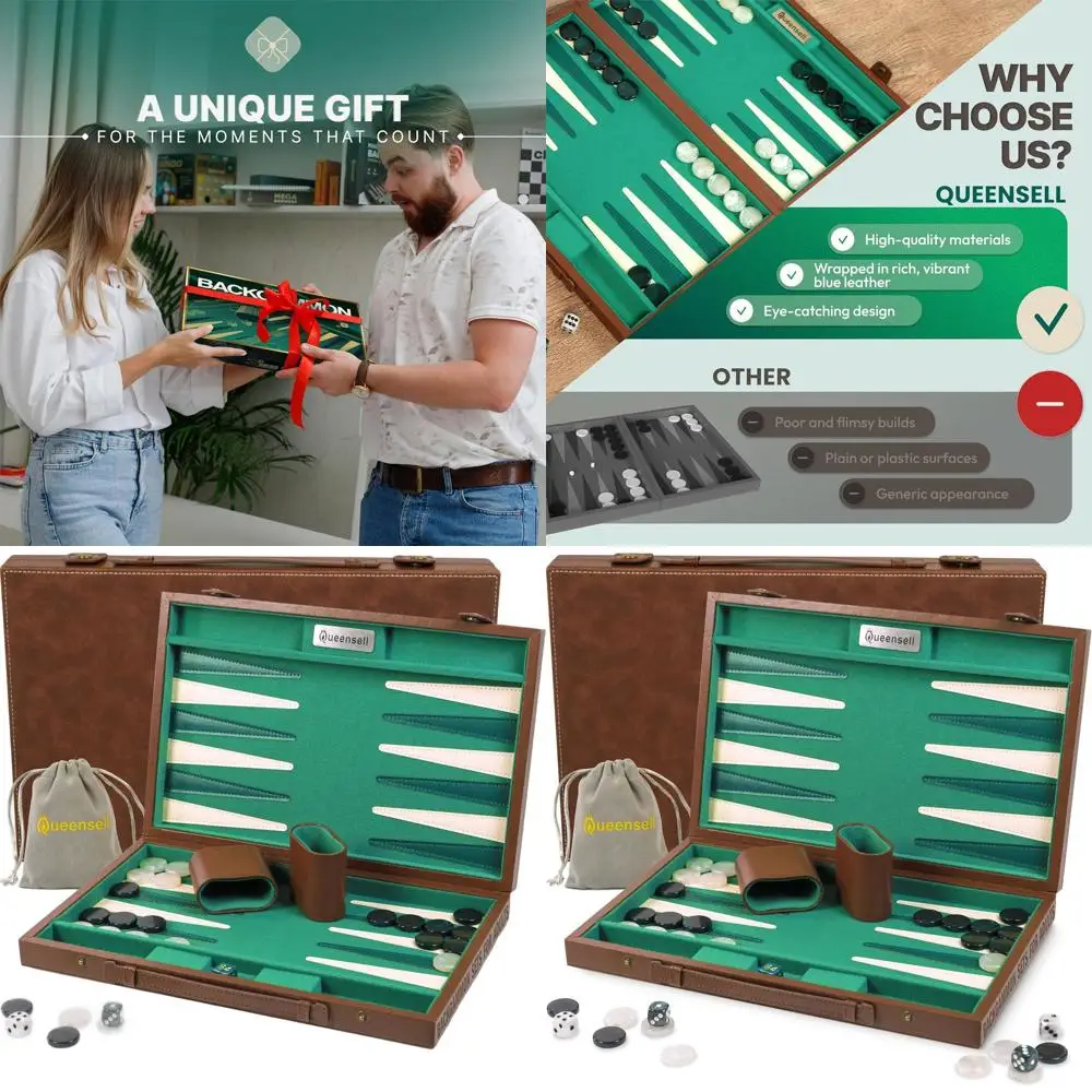 

Elegant 15 Faux Suede Leather Backgammon Board for Adults with 32 Checkers, Dice Cups, Doubling Cube