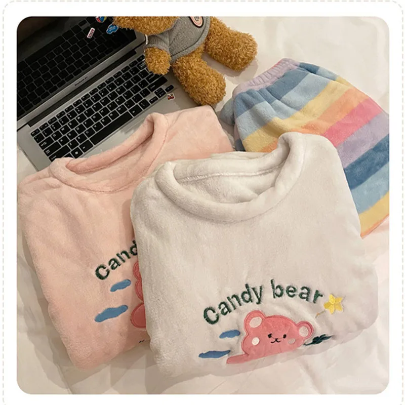 Thickened Warm Large Size Autumn Winter Pyjamas Long-Sleeved Trousers Female Coral Velvet Cartoon Bear Two-Piece Homewear Girl