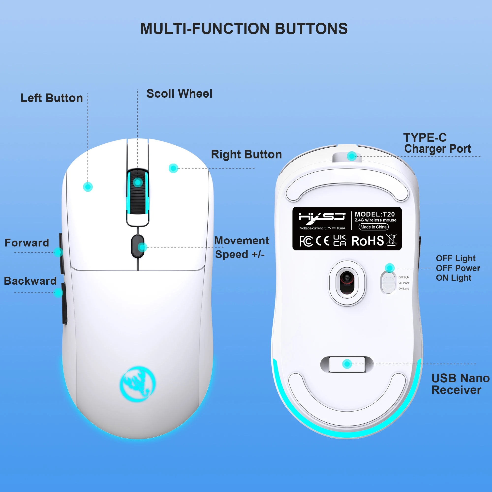 2.4G Wireless Rechargeable Mouse, Ergonomic Design,  with Notebook, PC, Mac Compatibility, for Home Office, Gift