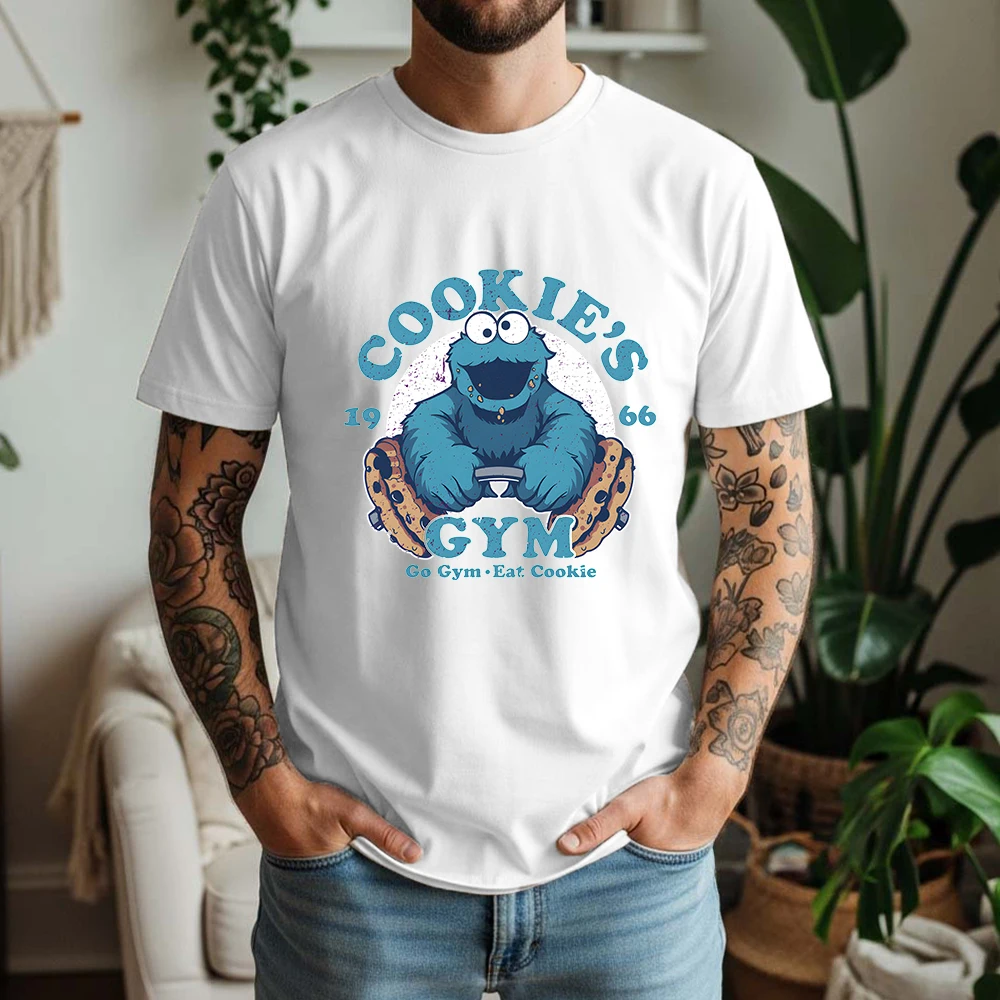 2026 Summer 100% Cotton Cookie’s Gym Graphic Oversized Tee Cookie Monster 1966 Retro Funny Cartoon Themed Short Sleeve