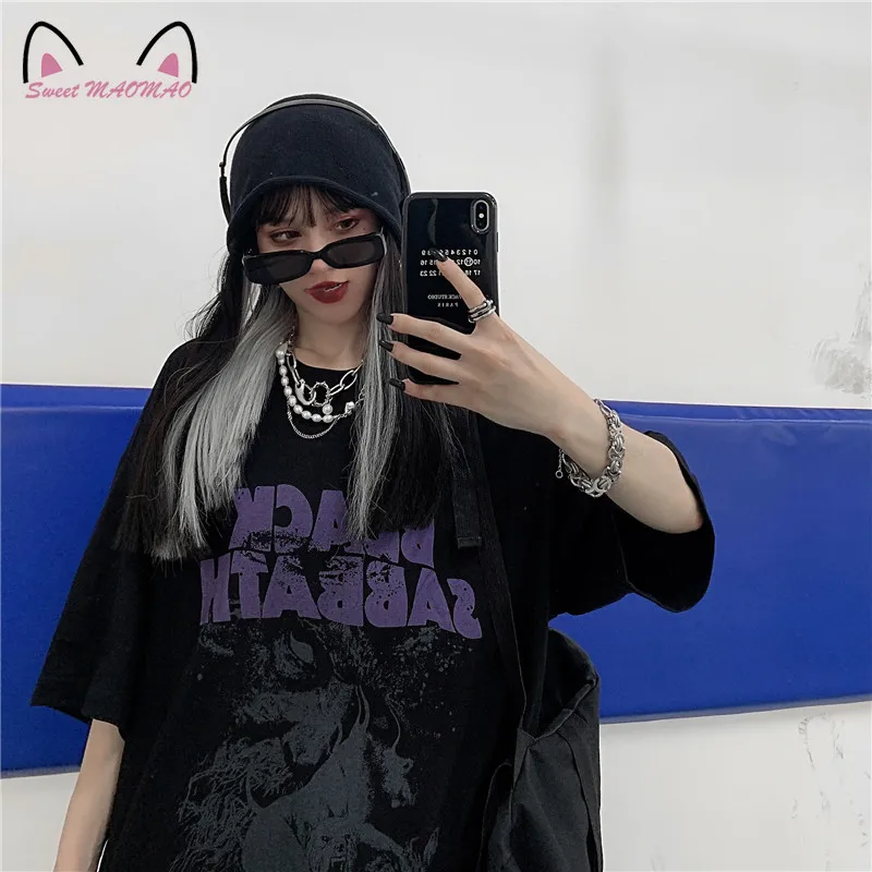 T-shirt w za dużym rozmiarze kobiety Y2K Grunge lato Goth kobiet T koszula kobiet luźny T-shirt Y2k druku główna ulica topy ubrania w stylu Harajuku