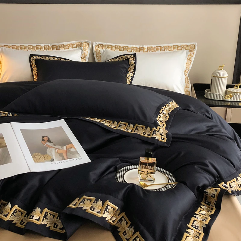 Golden Embroidery Bedding Sets Luxury High End Egyptian Cotton Black White Style Duvet Cover Bed Sheet Pillowcases Home Textile